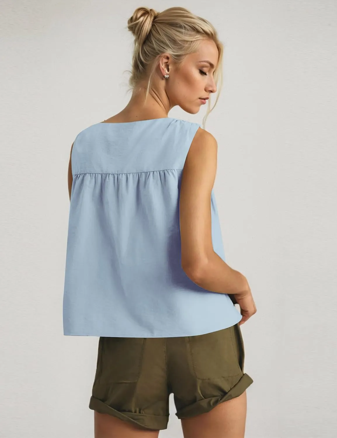 Womens Peplum Babydoll Tank Top Crew Neck Loose Fit Summer Tank Tops Swing Sleeveless Shirred Ruffle Top