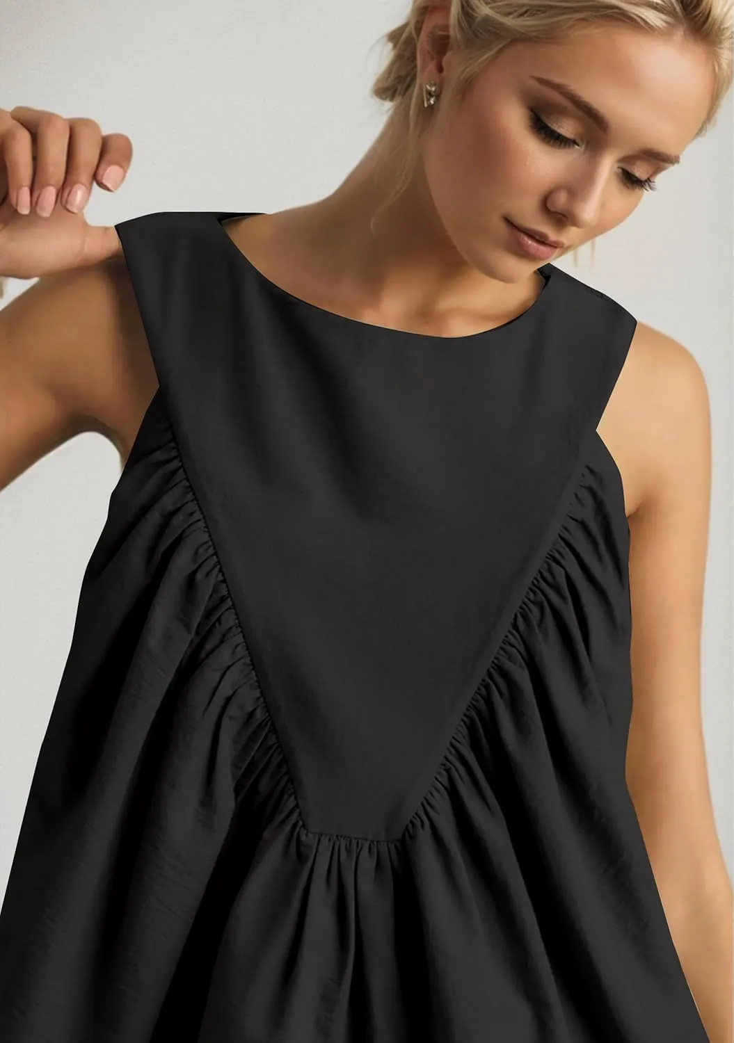 Womens Peplum Babydoll Tank Top Crew Neck Loose Fit Summer Tank Tops Swing Sleeveless Shirred Ruffle Top