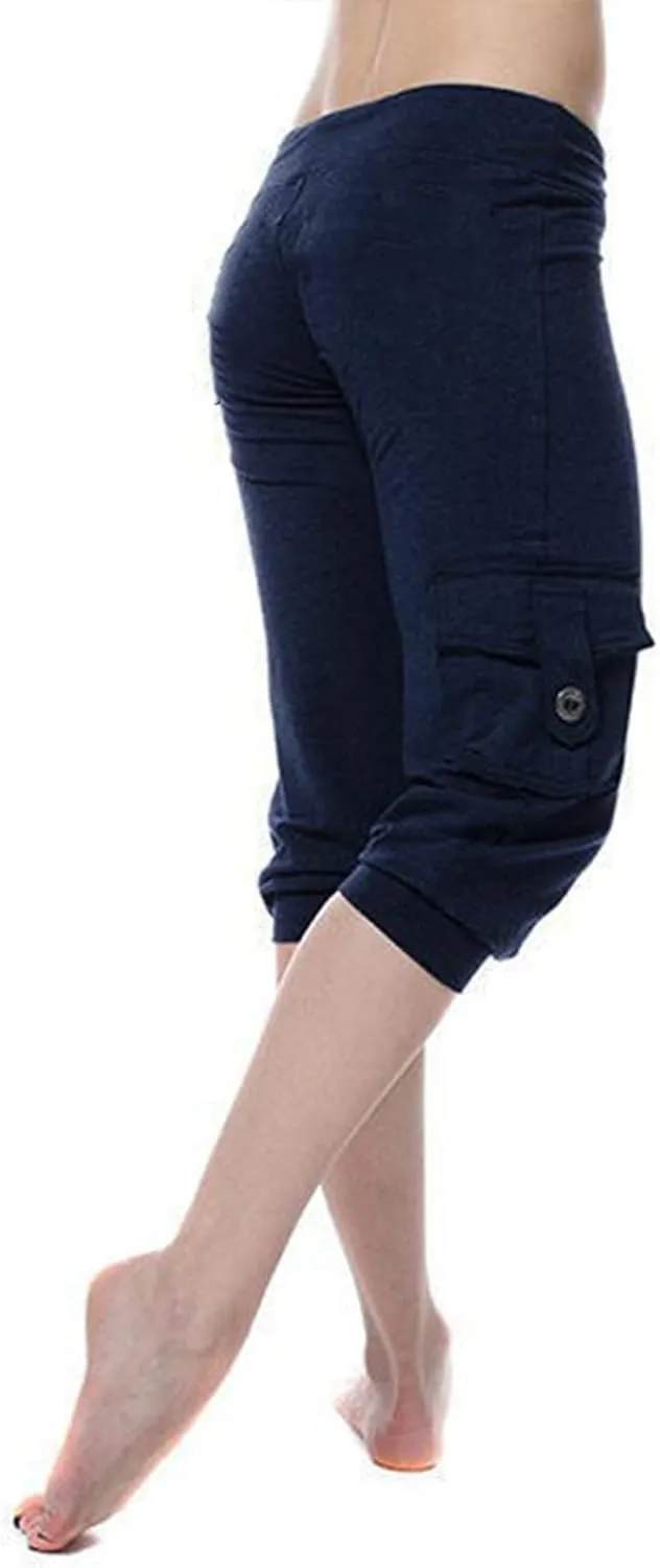 Womens Plus Size Cargo Capris Drawstring Stretch Low Waisted Slim Comfy Solid Color Jogger Capri Pants with 2 Pockets