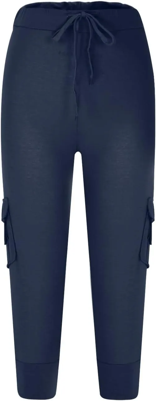 Womens Plus Size Cargo Capris Drawstring Stretch Low Waisted Slim Comfy Solid Color Jogger Capri Pants with 2 Pockets
