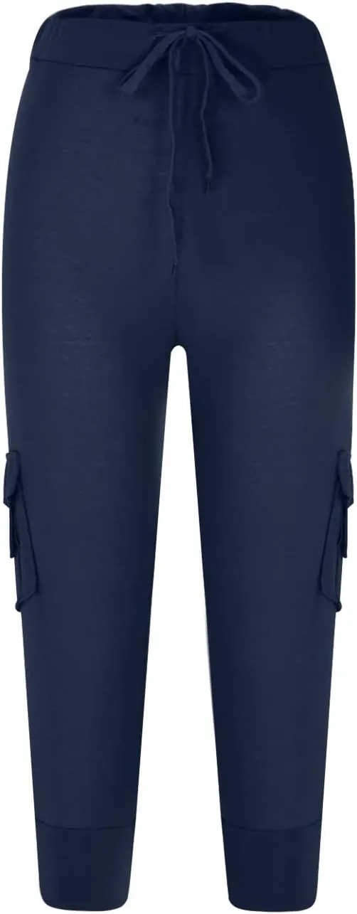 Womens Plus Size Cargo Capris Drawstring Stretch Low Waisted Slim Comfy Solid Color Jogger Capri Pants with 2 Pockets