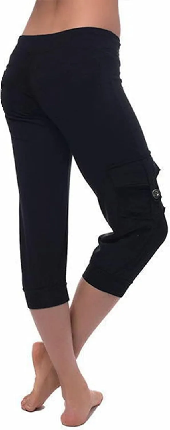 Womens Plus Size Cargo Capris Drawstring Stretch Low Waisted Slim Comfy Solid Color Jogger Capri Pants with 2 Pockets