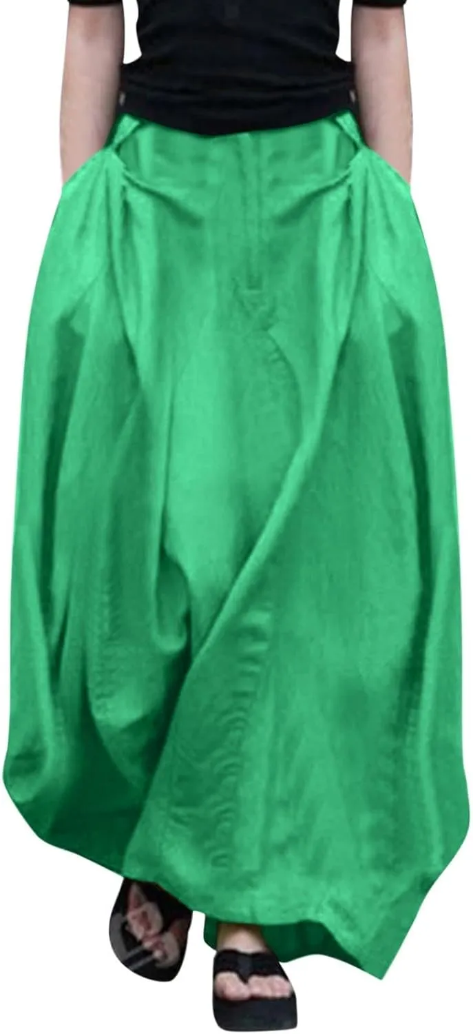 Women's Plus Size Maxi Skirt Elastic High Waist A-Line Long Dress 2025 Summer Casual Loose A Line Skirts with Pockets