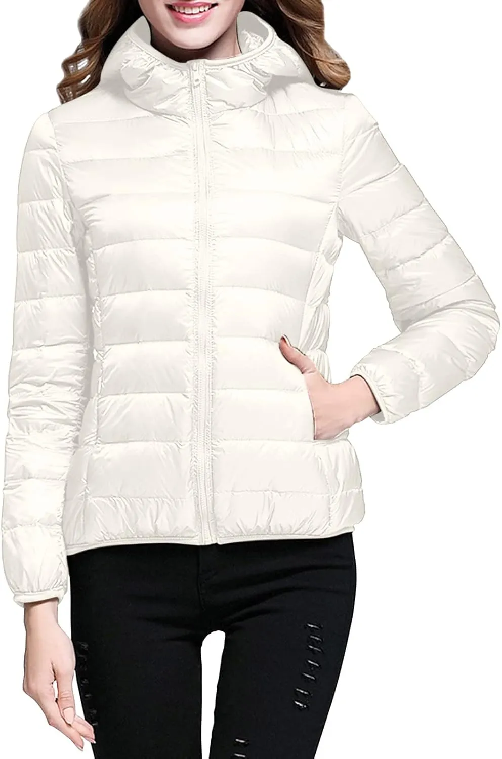 Womens Puffer Jacket 2024 Winter Warm Packable Down Jacket Lightweight Slim Fit Hooded Jacket Short Duck Down Coat