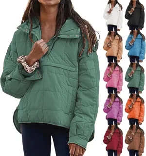 Women's Quilted Pullover Puffer Jacket Lightweight Button Long Sleeve Coat Oversized Packable Hooded Jacket Top
