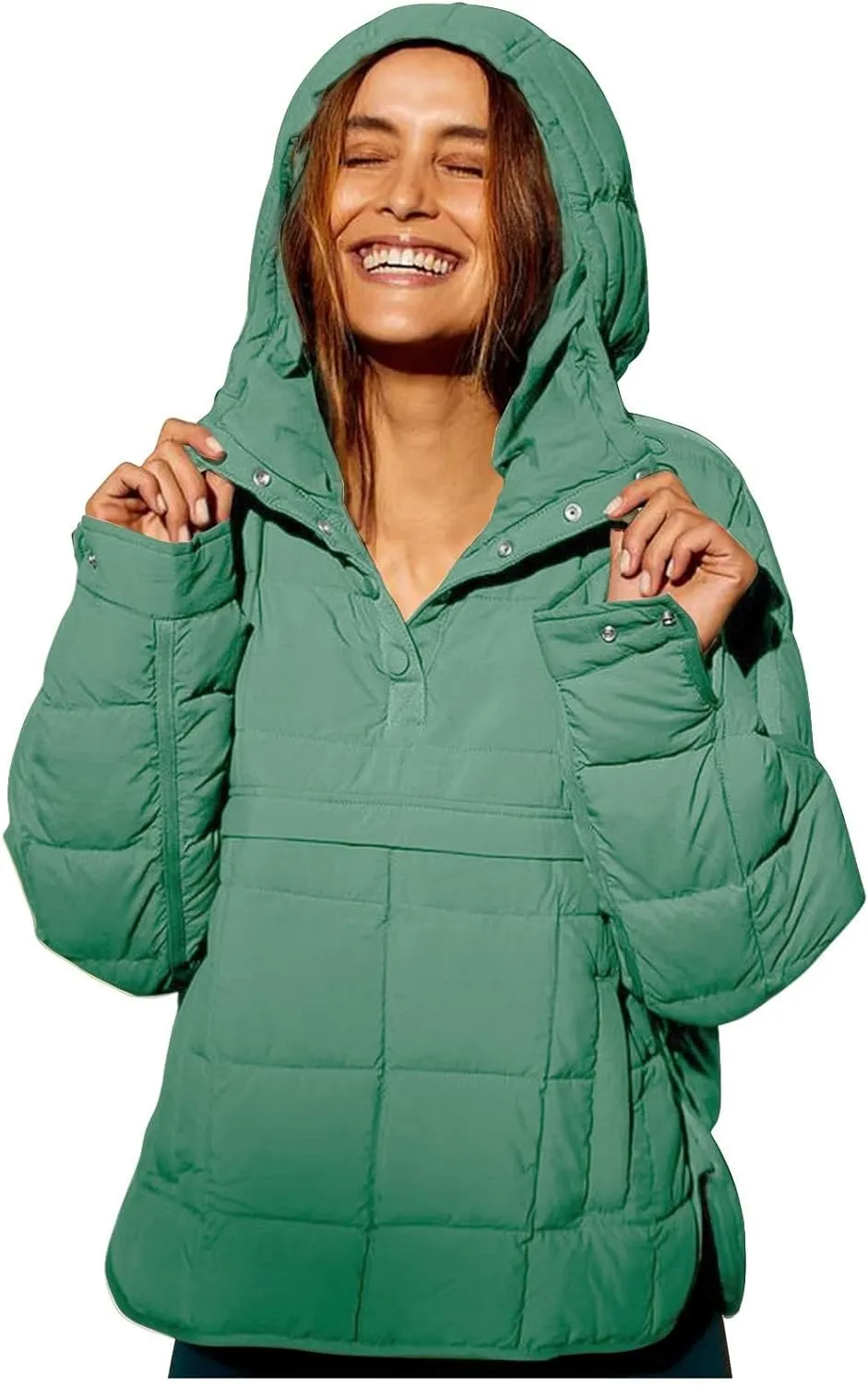Women's Quilted Pullover Puffer Jacket Lightweight Button Long Sleeve Coat Oversized Packable Hooded Jacket Top