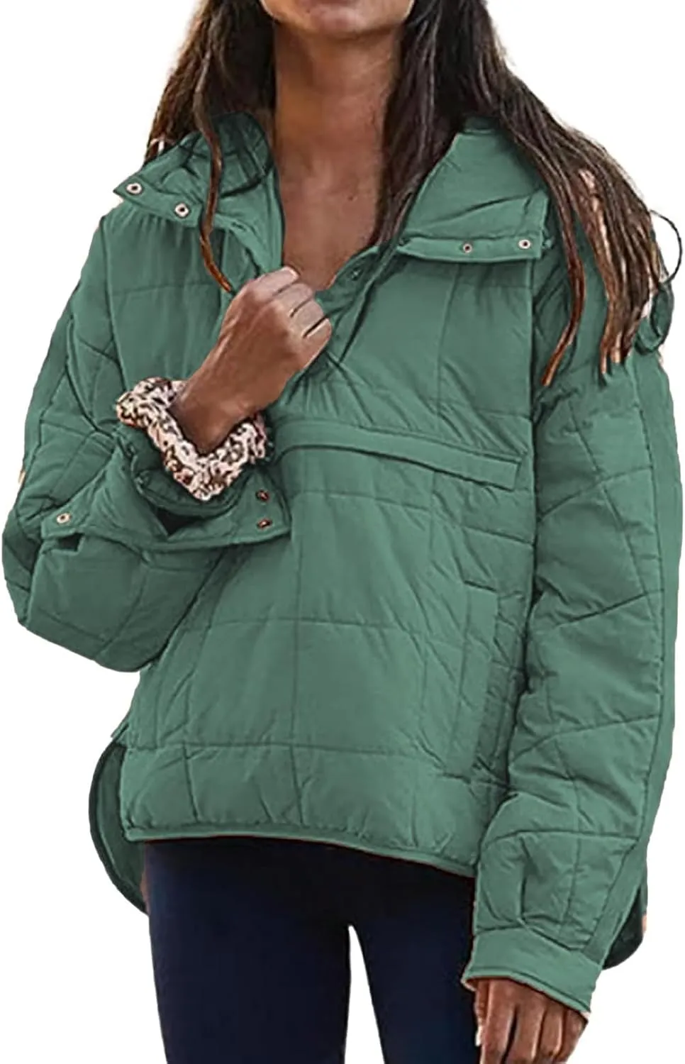 Women's Quilted Pullover Puffer Jacket Lightweight Button Long Sleeve Coat Oversized Packable Hooded Jacket Top