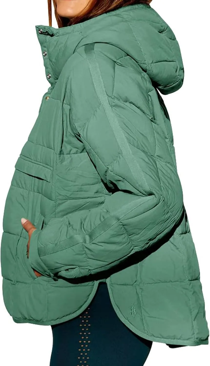Women's Quilted Pullover Puffer Jacket Lightweight Button Long Sleeve Coat Oversized Packable Hooded Jacket Top