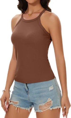 Womens Racerback Ribbed Tank Top Camisole with Built in Bra Running Yoga Sport Bra Athletic Slim Sleeveless Summer Top