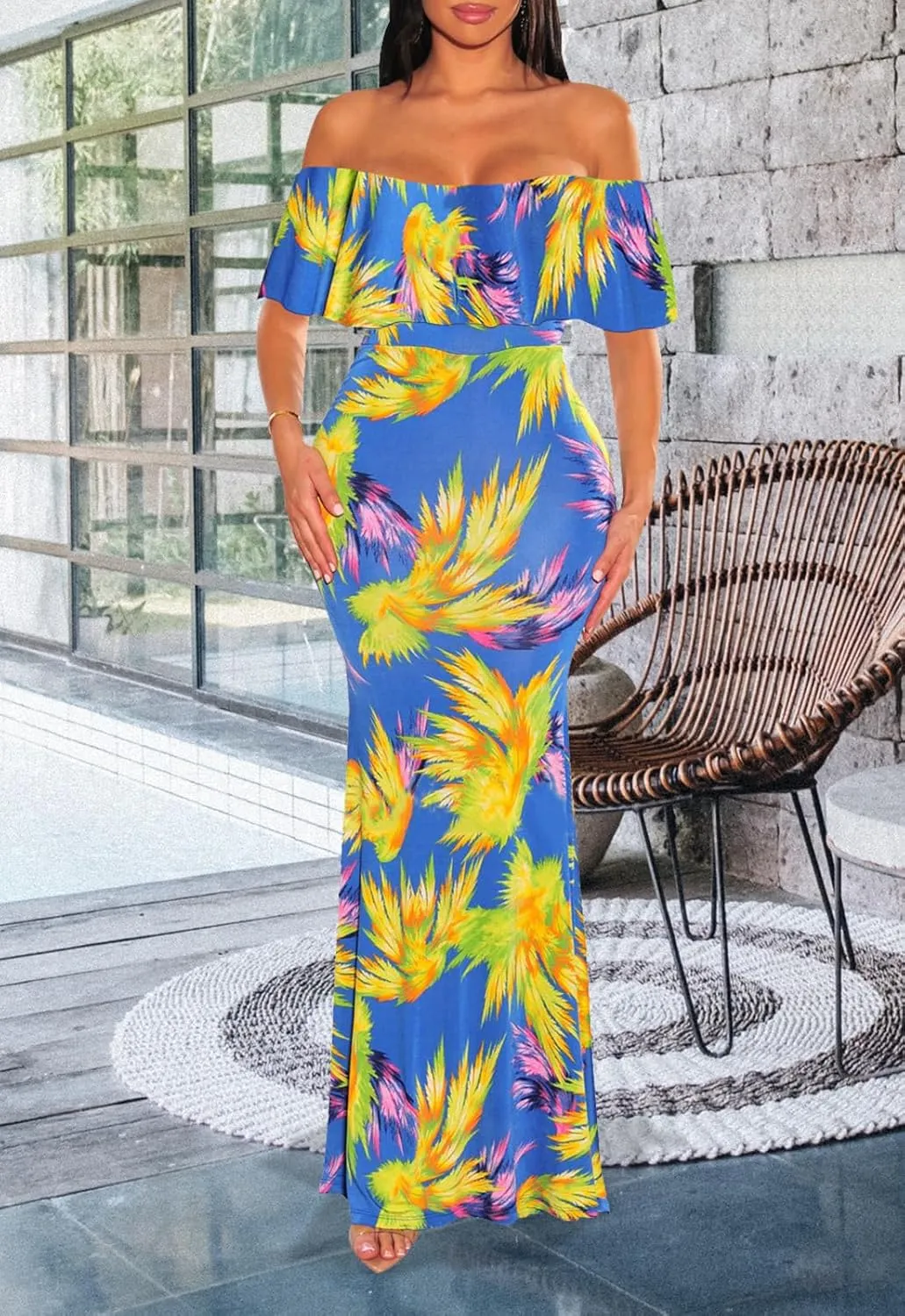 Women's Sexy Summer Off Shoulder Maxi Dress Floral Ruffle Evening Party Long Dress