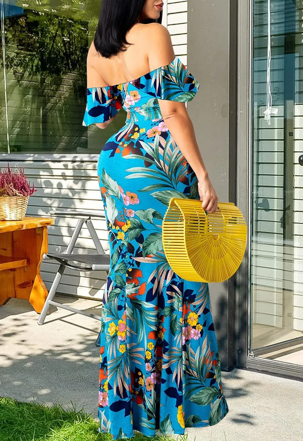 Women's Sexy Summer Off Shoulder Maxi Dress Floral Ruffle Evening Party Long Dress