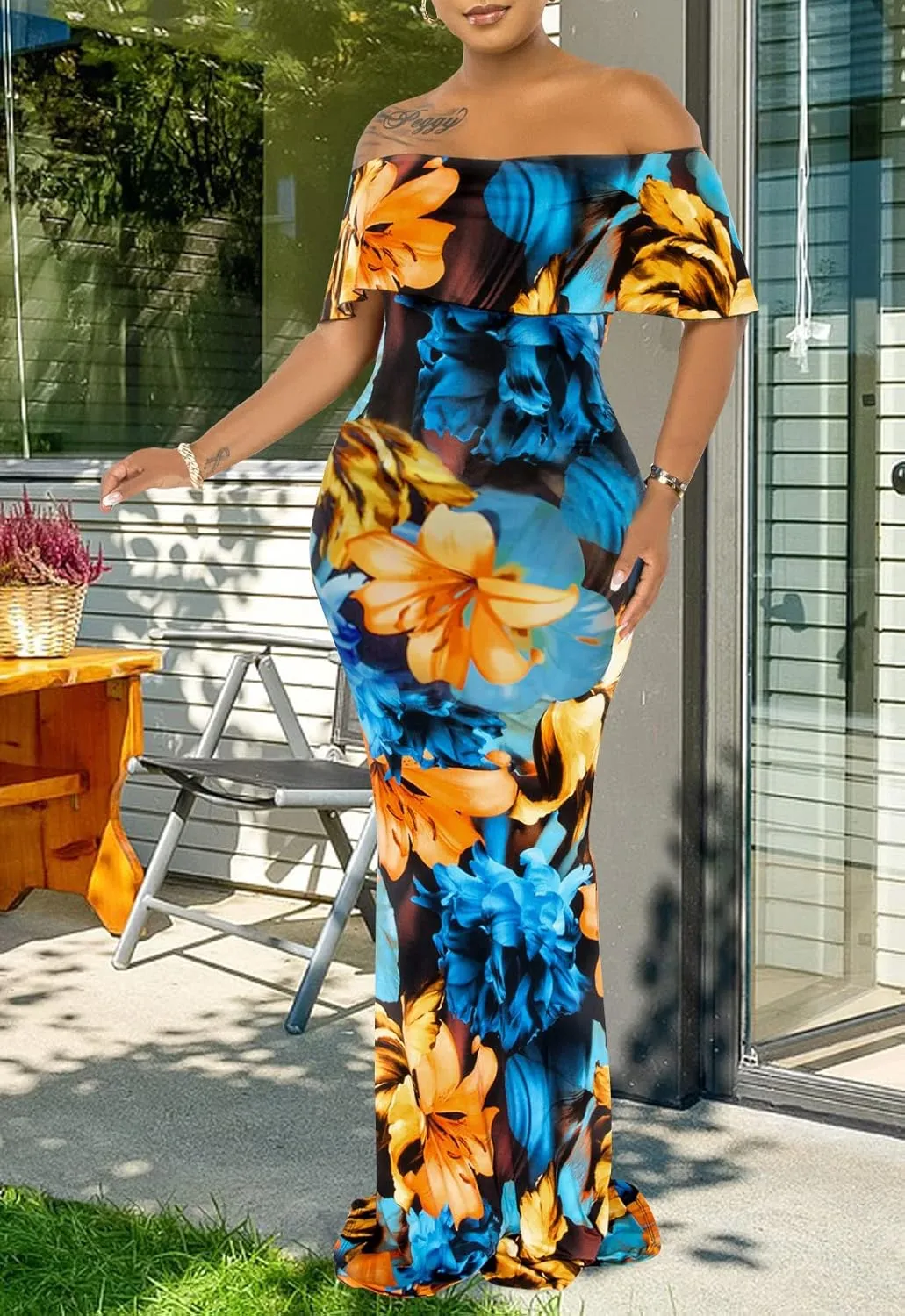 Women's Sexy Summer Off Shoulder Maxi Dress Floral Ruffle Evening Party Long Dress