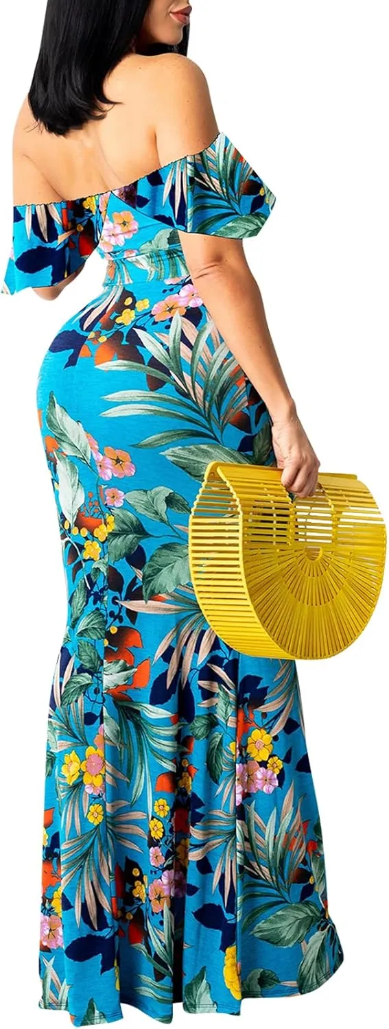 Women's Sexy Summer Off Shoulder Maxi Dress Floral Ruffle Evening Party Long Dress