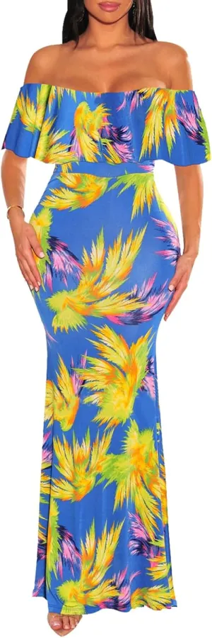 Women's Sexy Summer Off Shoulder Maxi Dress Floral Ruffle Evening Party Long Dress