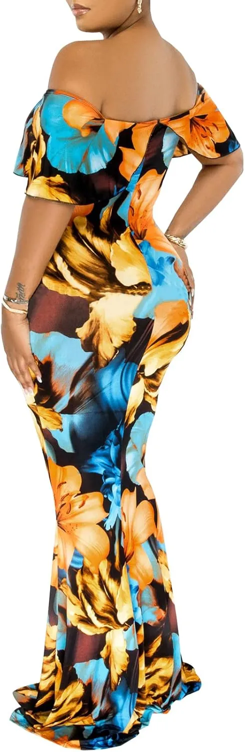 Women's Sexy Summer Off Shoulder Maxi Dress Floral Ruffle Evening Party Long Dress