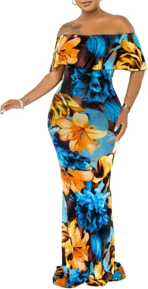 Women's Sexy Summer Off Shoulder Maxi Dress Floral Ruffle Evening Party Long Dress
