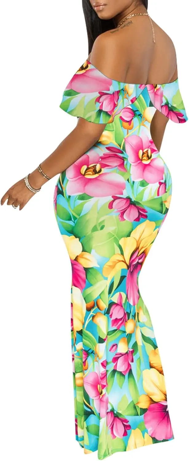 Women's Sexy Summer Off Shoulder Maxi Dress Floral Ruffle Evening Party Long Dress