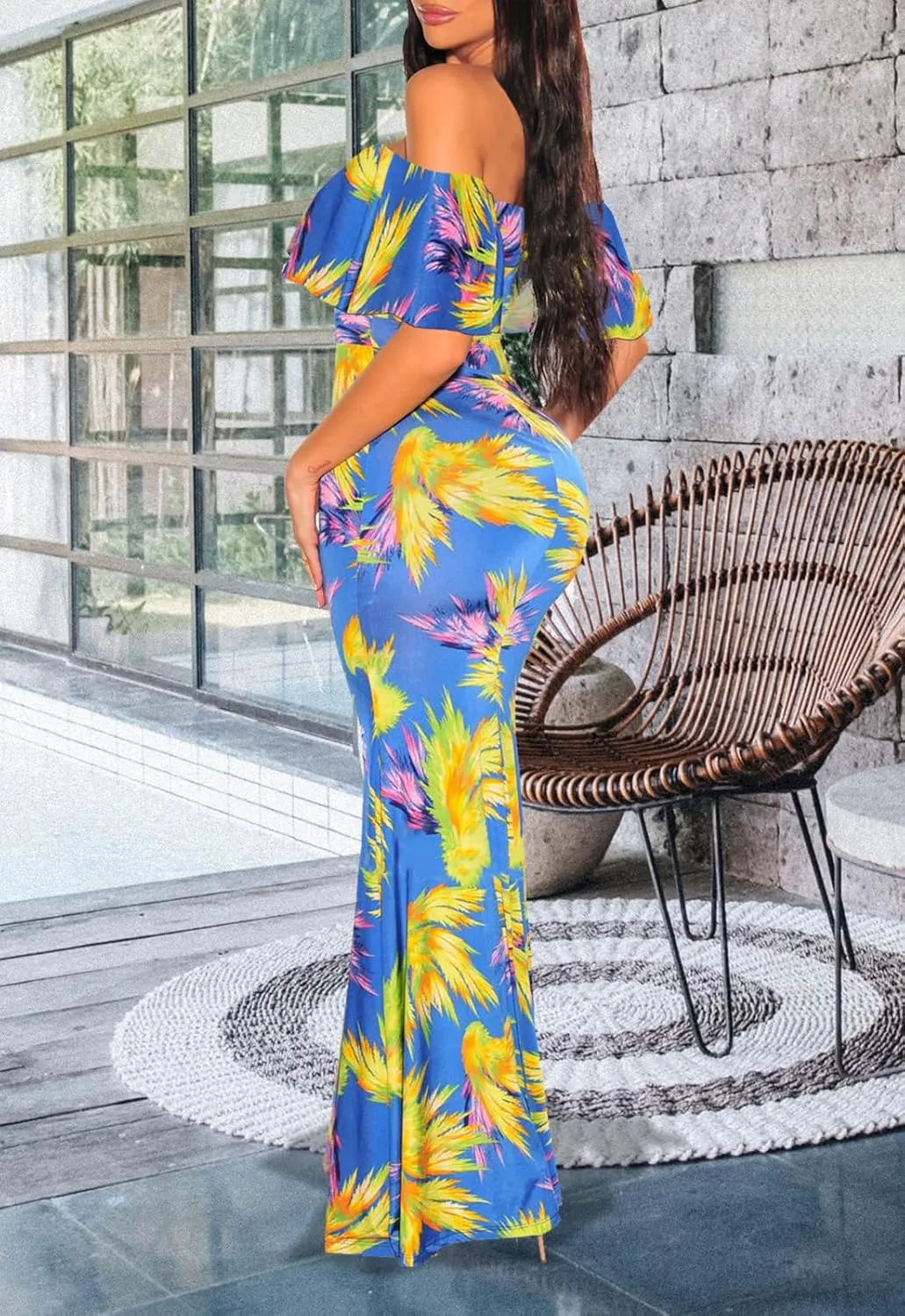 Women's Sexy Summer Off Shoulder Maxi Dress Floral Ruffle Evening Party Long Dress
