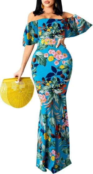 Women's Sexy Summer Off Shoulder Maxi Dress Floral Ruffle Evening Party Long Dress