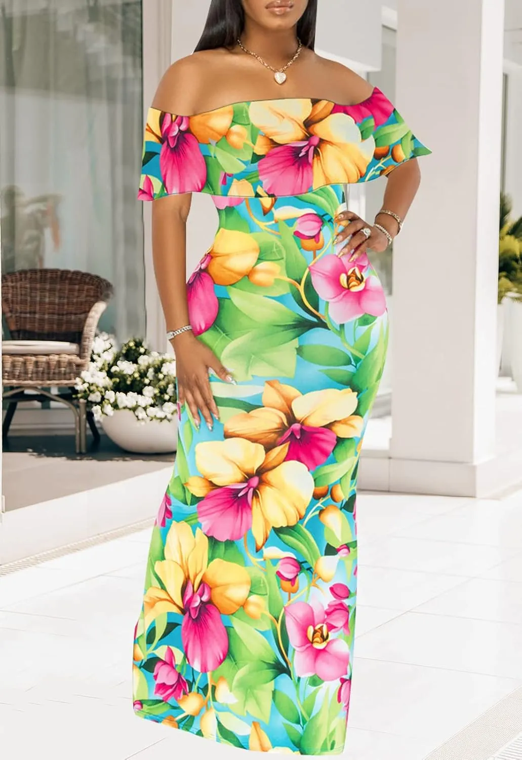 Women's Sexy Summer Off Shoulder Maxi Dress Floral Ruffle Evening Party Long Dress
