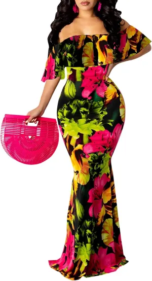 Women's Sexy Summer Off Shoulder Maxi Dress Floral Ruffle Evening Party Long Dress