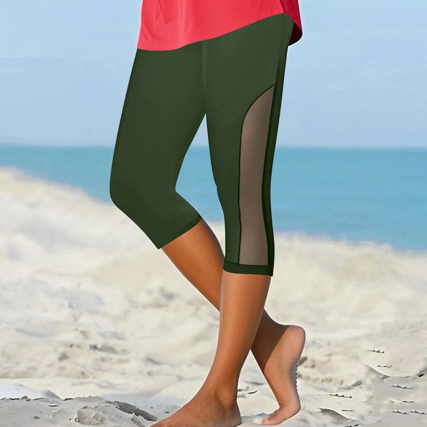 Womens Sheer Mesh Capri Leggings High Waisted Capris Pants Tight Workout Yoga Cropped Trousers Summer Casual Leggings