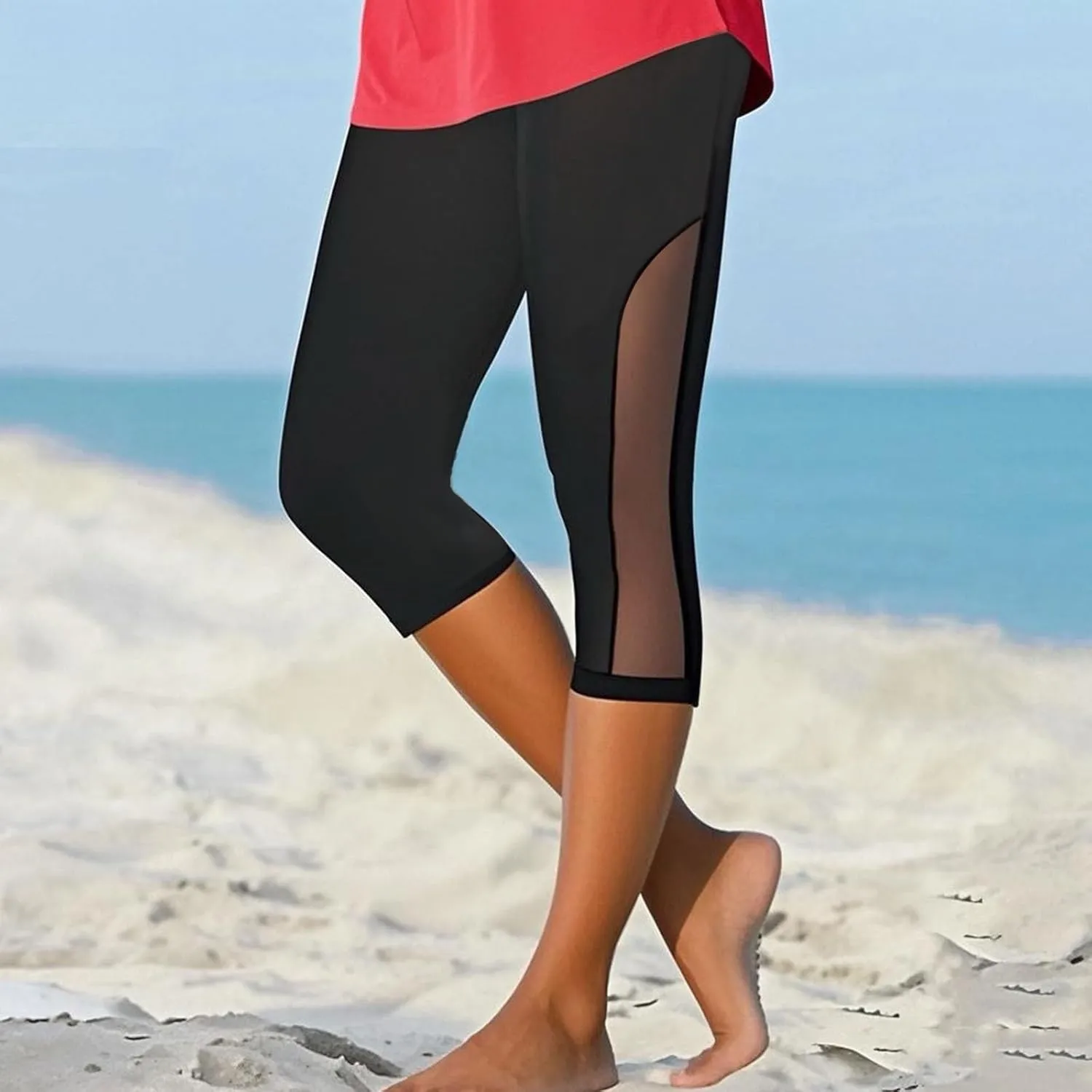 Womens Sheer Mesh Capri Leggings High Waisted Capris Pants Tight Workout Yoga Cropped Trousers Summer Casual Leggings