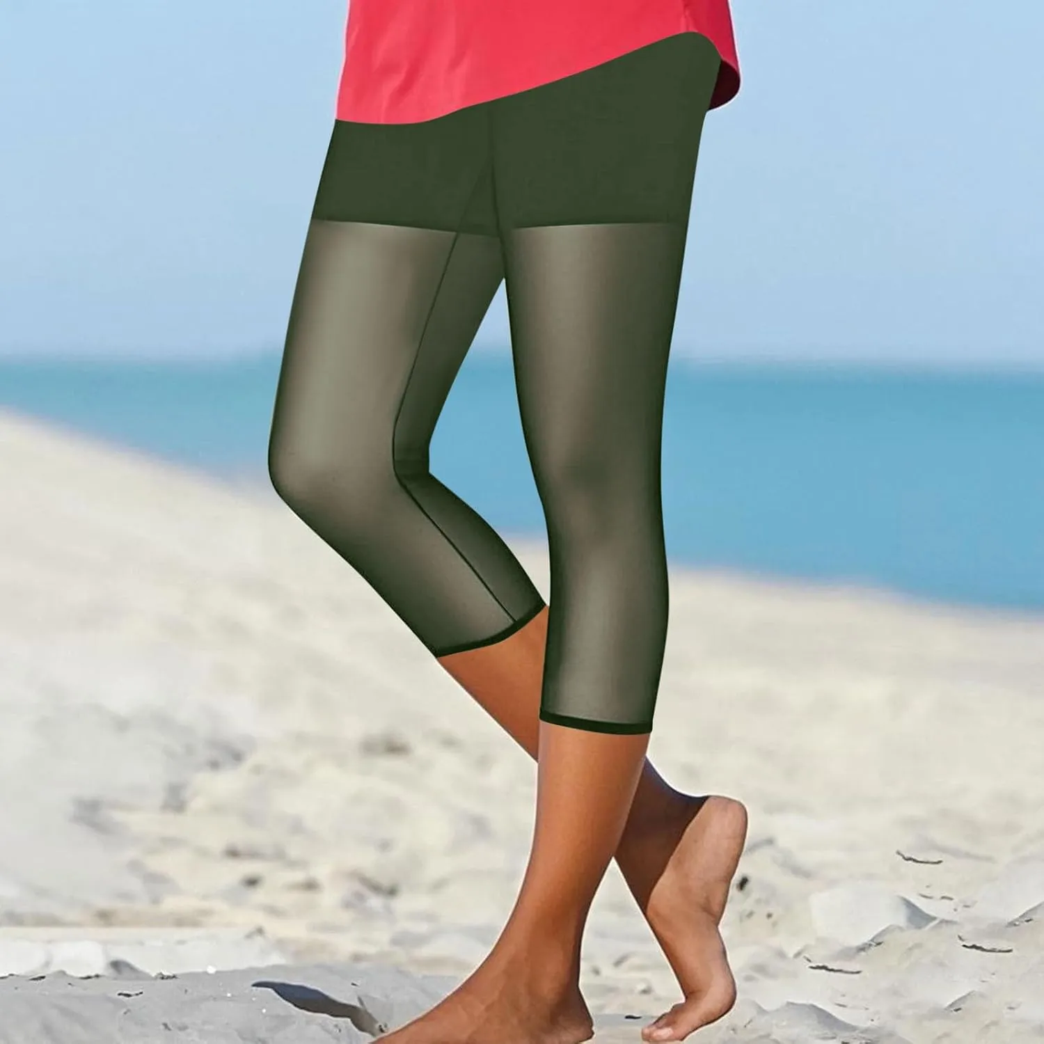 Womens Sheer Mesh Capri Leggings High Waisted Capris Pants Tight Workout Yoga Cropped Trousers Summer Casual Leggings