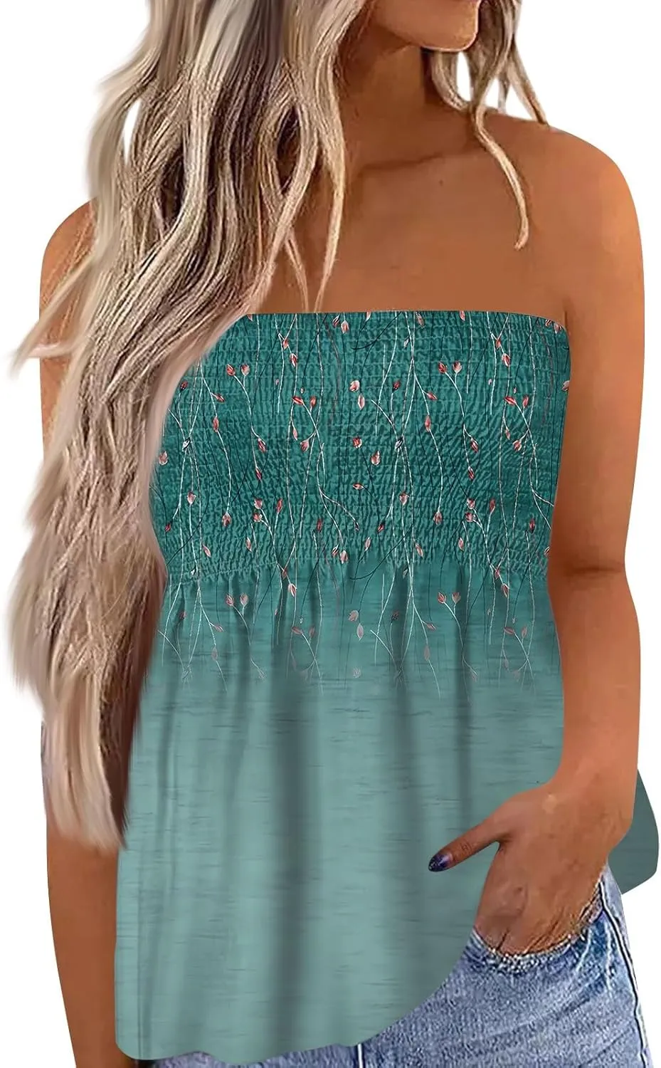 Womens Strapless Bandeau Tank Tops Tube Tops Floral Tanks Smocked Ruffled Backless Casual Bandeau Sleeveless Shirts