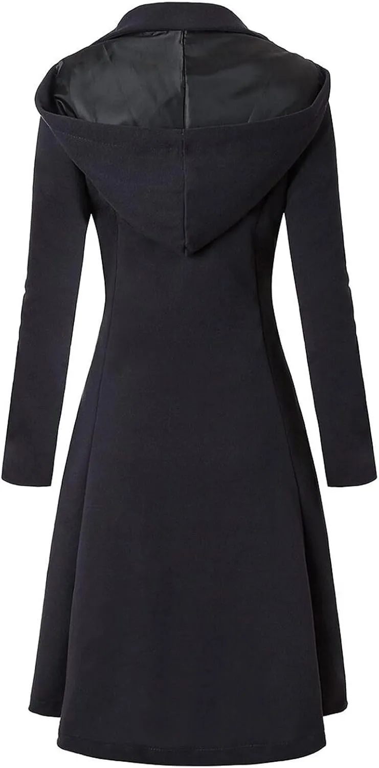 Womens Swing Double Breasted Wool Pea Coat with Belt Buckle Spring Mid-Long Long Sleeve Goth Lapel Dresses Outwear