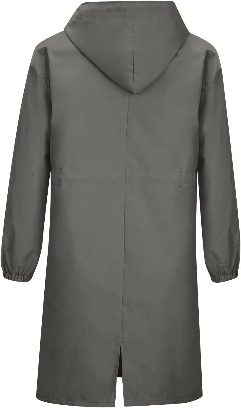 Womens Trench Coat Lightweight Hooded Waterproof Rain Jacket Outdoor Button Down Oversized Windbreaker Outwear