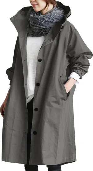 Womens Trench Coat Lightweight Hooded Waterproof Rain Jacket Outdoor Button Down Oversized Windbreaker Outwear