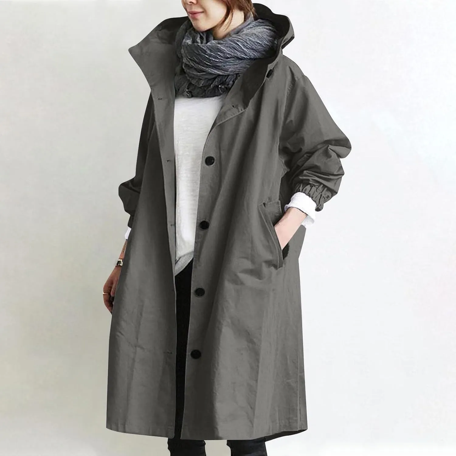 Womens Trench Coat Lightweight Hooded Waterproof Rain Jacket Outdoor Button Down Oversized Windbreaker Outwear