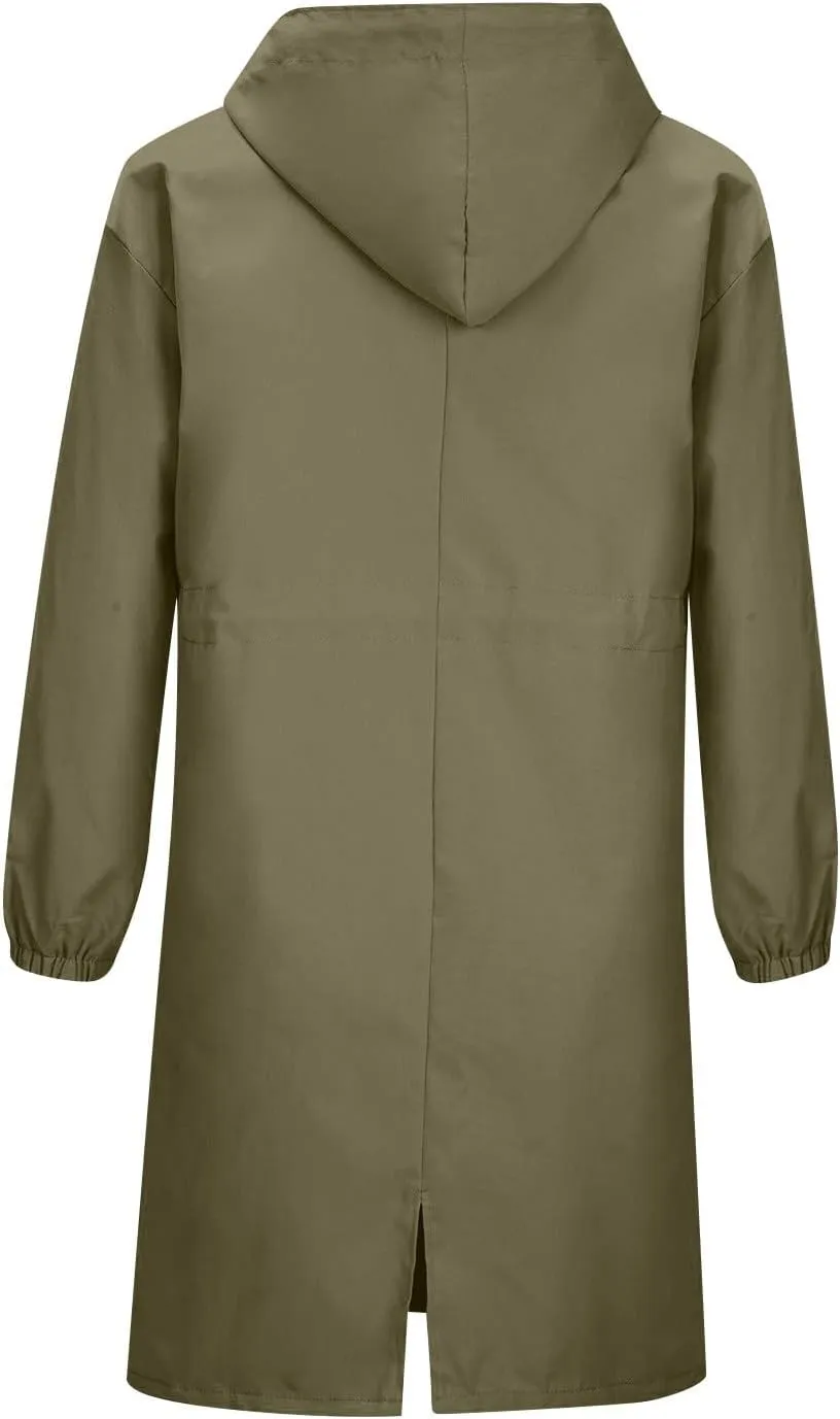 Womens Trench Coat Lightweight Hooded Waterproof Rain Jacket Outdoor Button Down Oversized Windbreaker Outwear