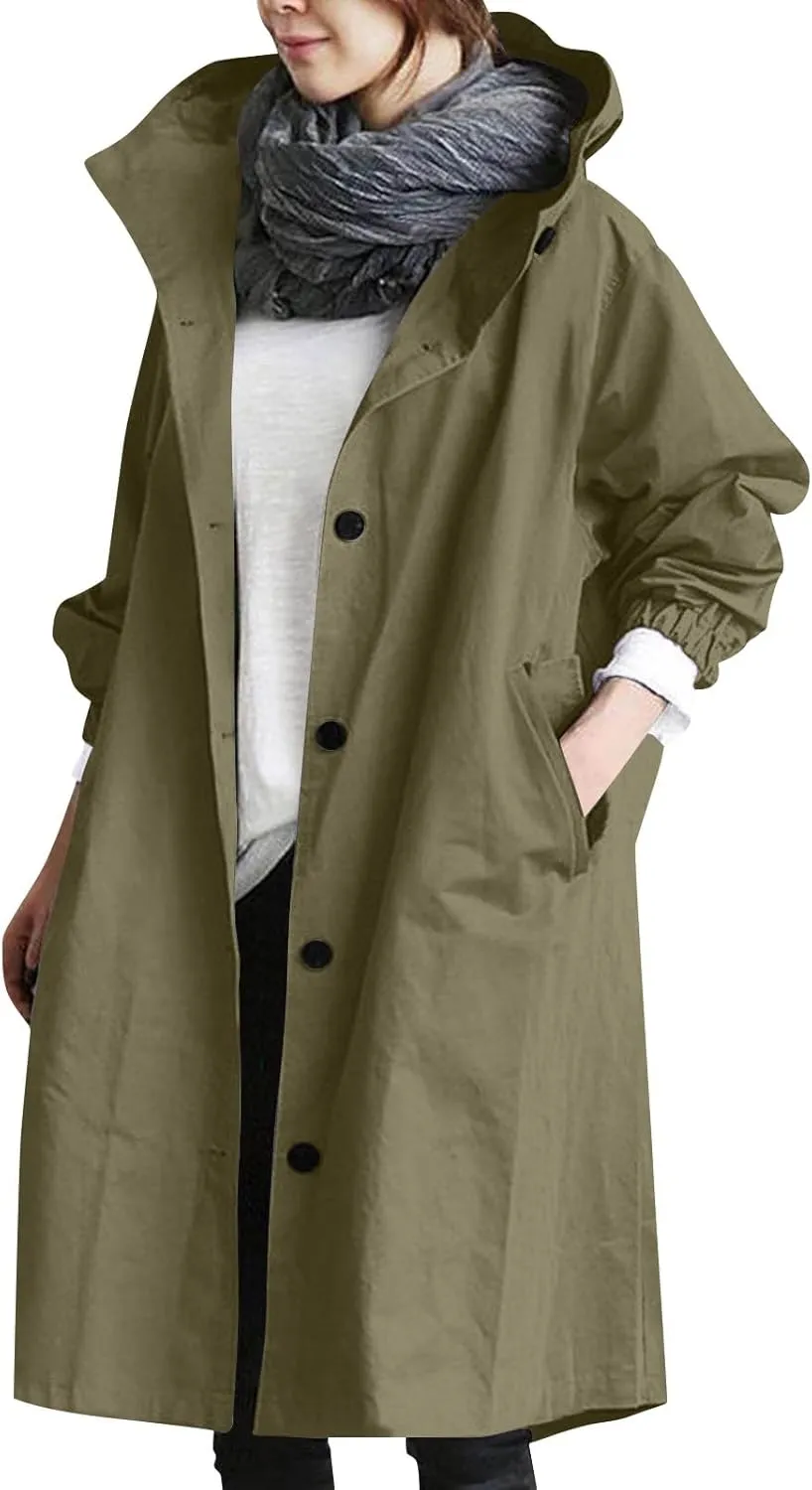 Womens Trench Coat Lightweight Hooded Waterproof Rain Jacket Outdoor Button Down Oversized Windbreaker Outwear
