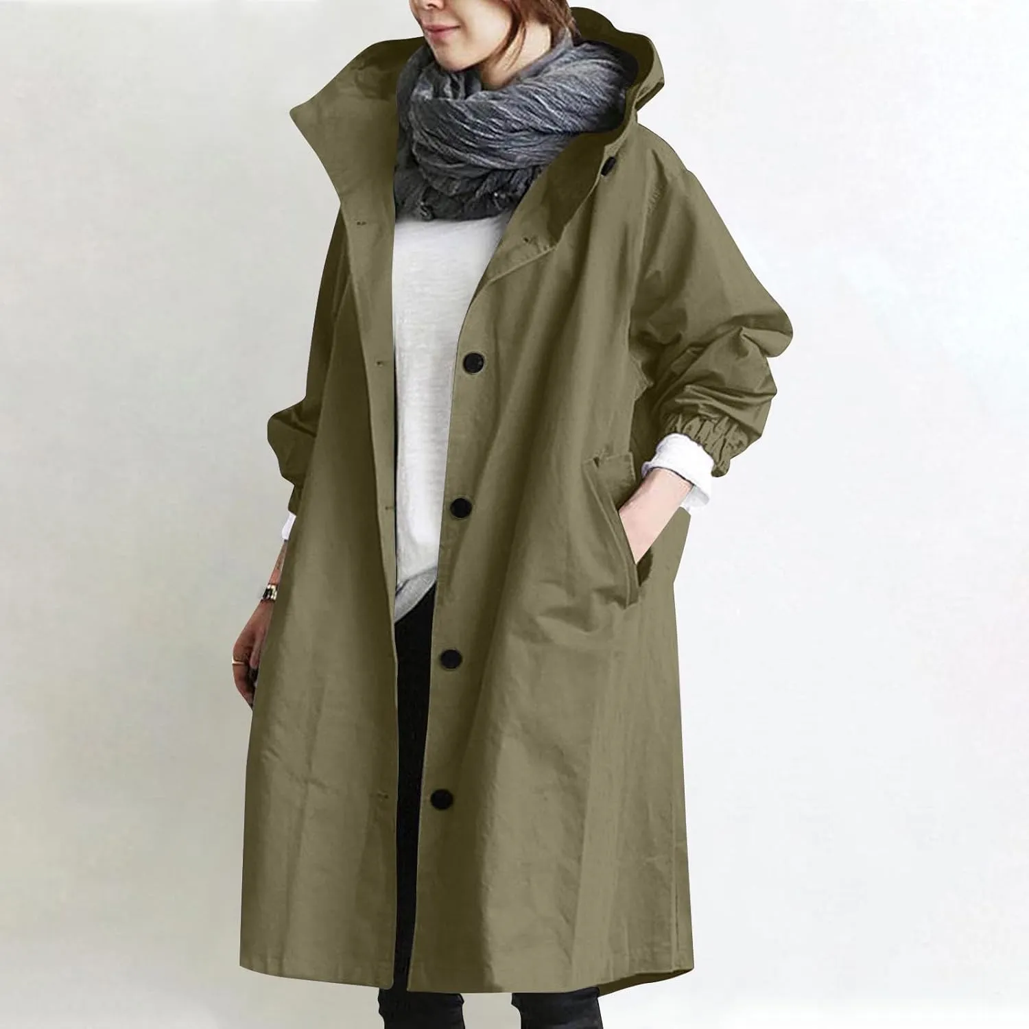 Womens Trench Coat Lightweight Hooded Waterproof Rain Jacket Outdoor Button Down Oversized Windbreaker Outwear