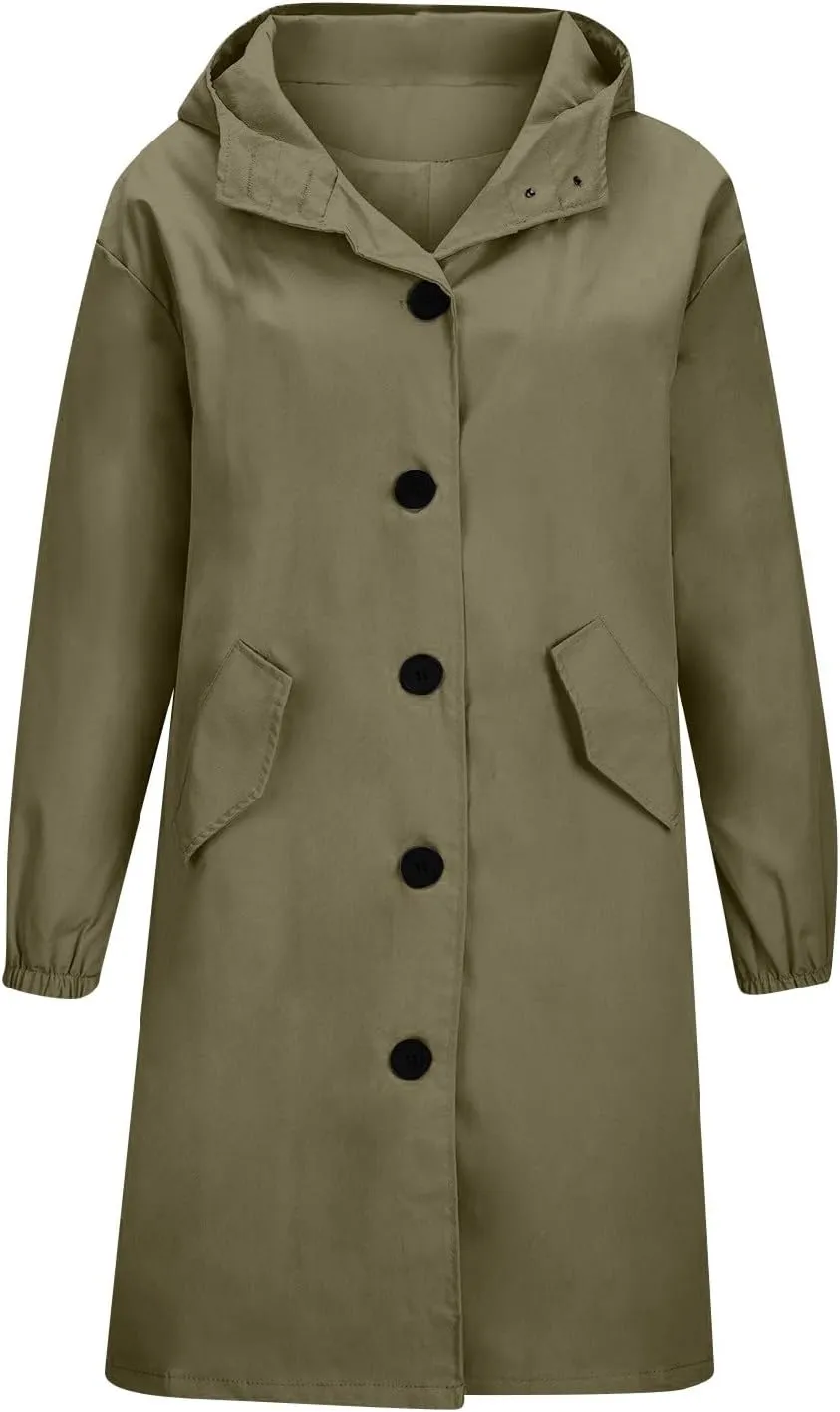 Womens Trench Coat Lightweight Hooded Waterproof Rain Jacket Outdoor Button Down Oversized Windbreaker Outwear