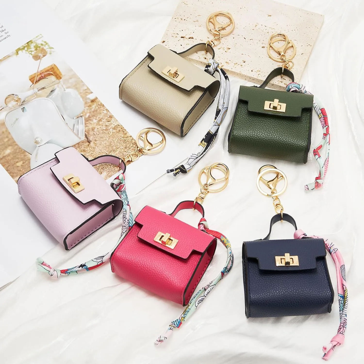 WOZEAH Mini Backpack Keychain for Women,Small Change Pouch Coin Purse Twist-lock with Key Headset BagBeige