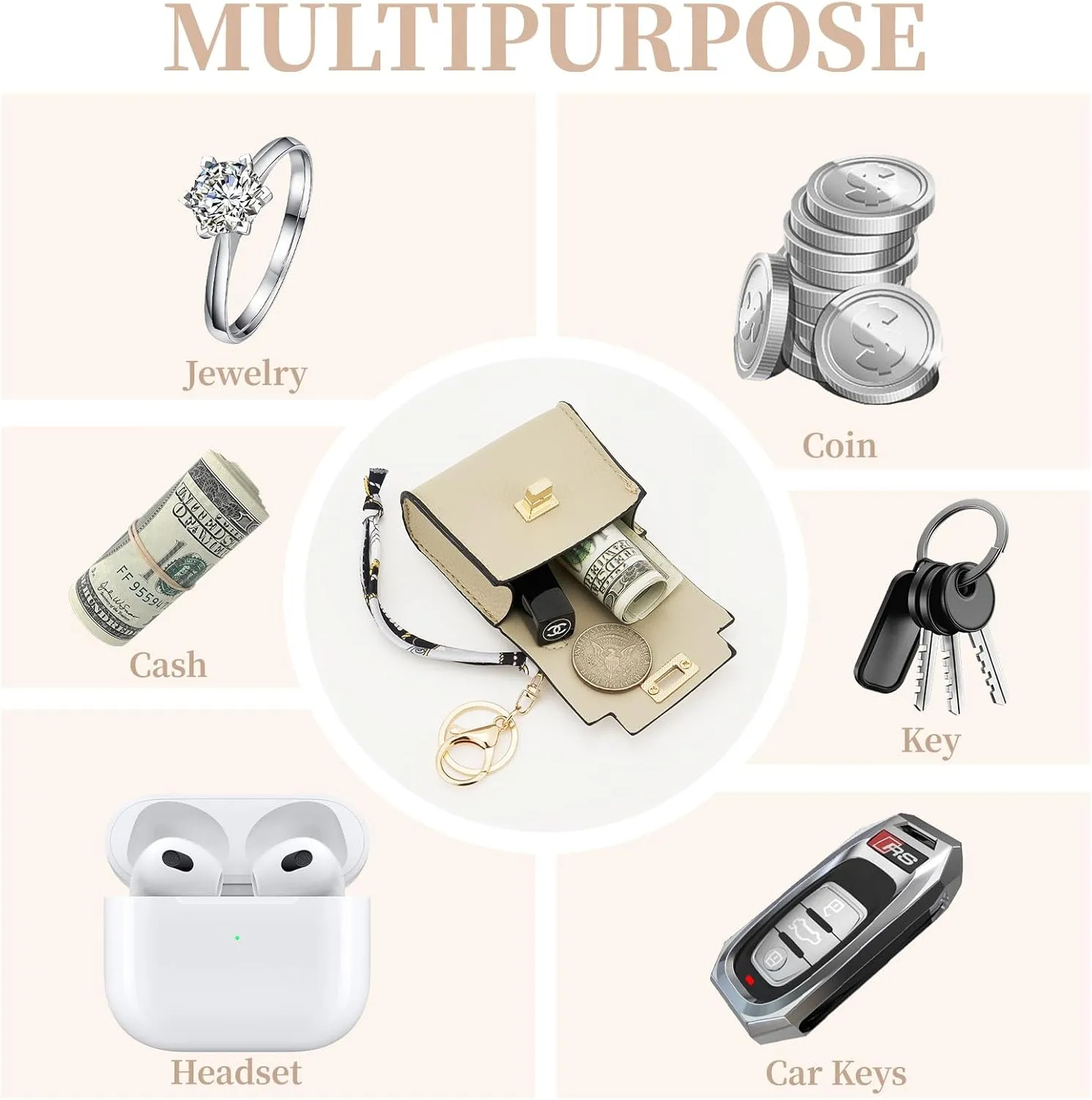 WOZEAH Mini Backpack Keychain for Women,Small Change Pouch Coin Purse Twist-lock with Key Headset BagBeige
