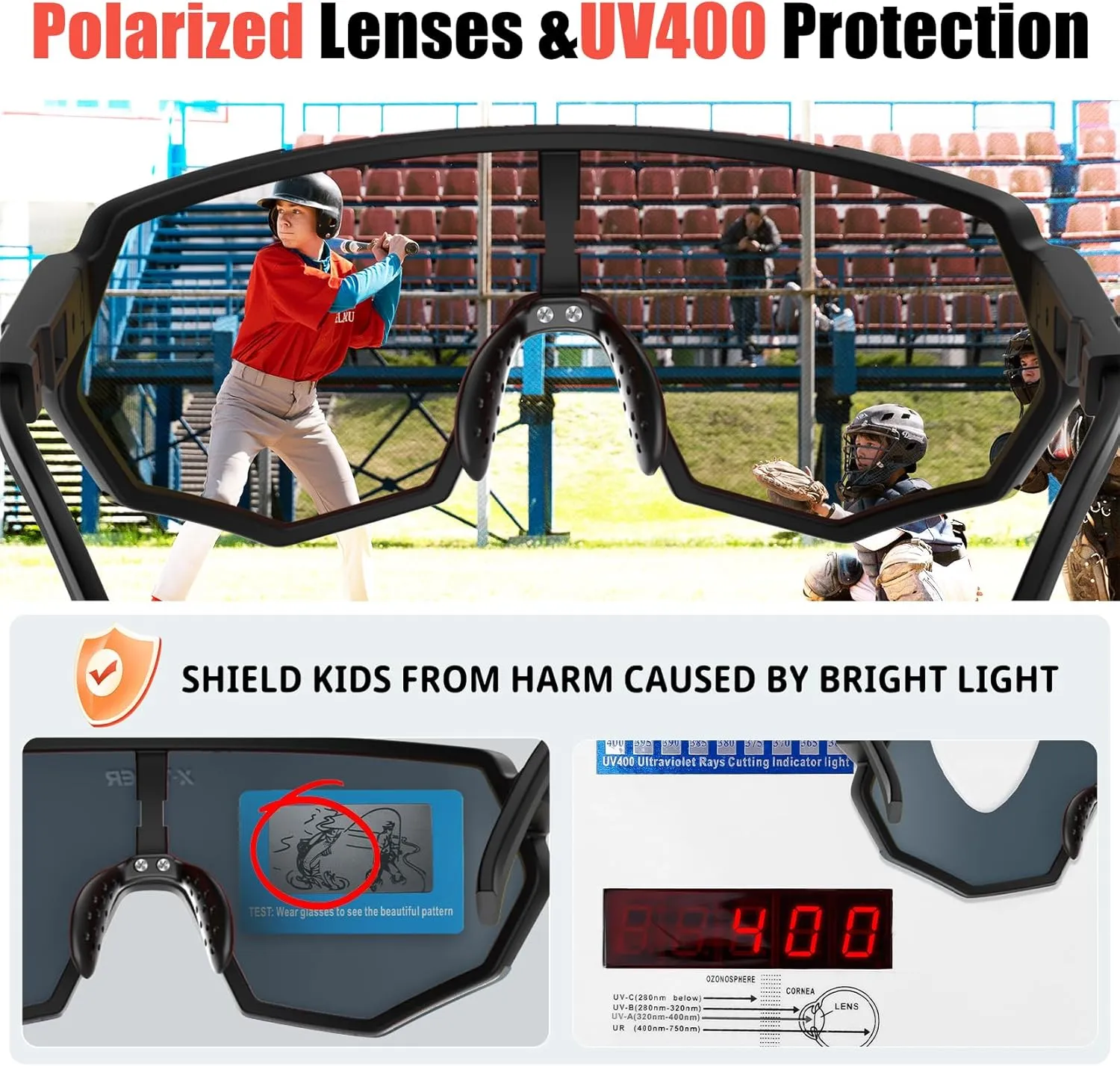 X-TIGER Polarized Youth Baseball Sunglasses UV400 Kids Sunglasses Boys Girls 8-12 Youth for Softball Cycling Sports Glasses