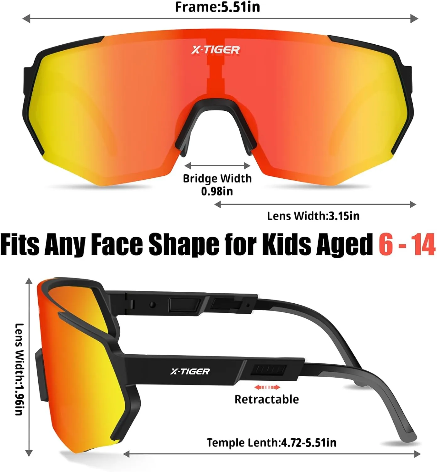 X-TIGER Polarized Youth Baseball Sunglasses UV400 Kids Sunglasses Boys Girls 8-12 Youth for Softball Cycling Sports Glasses