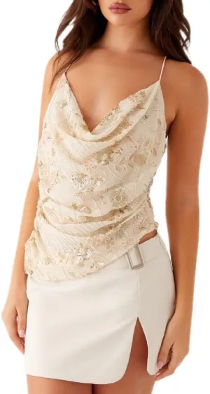 Y2K Sequin Cami Top for Women Sparkle Glitter Low Cut Tank Top Pearl Floral Sleeveless Crop Top Streewear