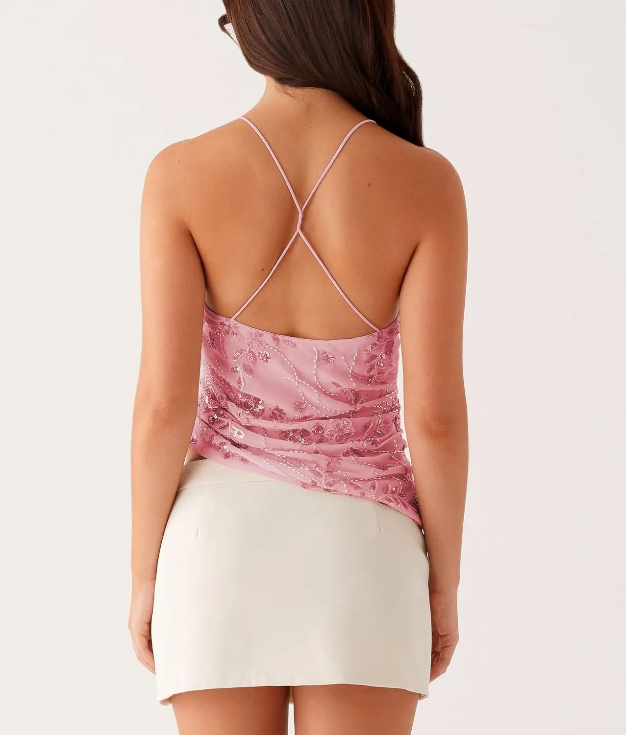 Y2K Sequin Cami Top for Women Sparkle Glitter Low Cut Tank Top Pearl Floral Sleeveless Crop Top Streewear