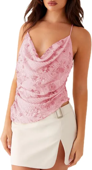 Y2K Sequin Cami Top for Women Sparkle Glitter Low Cut Tank Top Pearl Floral Sleeveless Crop Top Streewear
