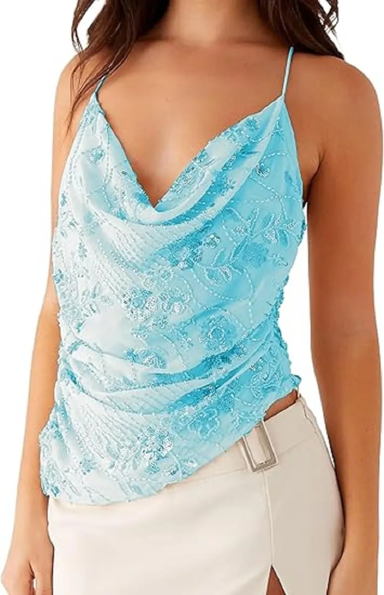 Y2K Sequin Cami Top for Women Sparkle Glitter Low Cut Tank Top Pearl Floral Sleeveless Crop Top Streewear