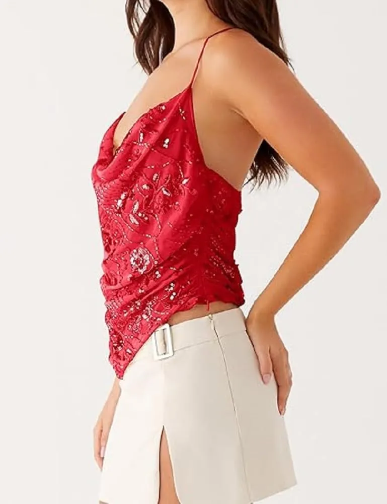 Y2K Sequin Cami Top for Women Sparkle Glitter Low Cut Tank Top Pearl Floral Sleeveless Crop Top Streewear