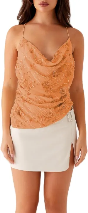 Y2K Sequin Cami Top for Women Sparkle Glitter Low Cut Tank Top Pearl Floral Sleeveless Crop Top Streewear
