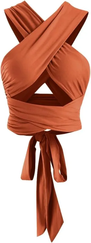 ZAFUL Womens Ribbed Halter Crop Top Ruched Lace-up Cropped Cami Bandana Top Criss Cross Wrap Print Tank Top