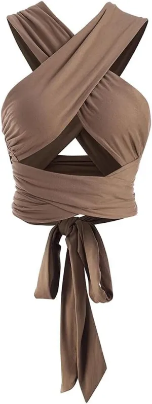 ZAFUL Womens Ribbed Halter Crop Top Ruched Lace-up Cropped Cami Bandana Top Criss Cross Wrap Print Tank Top