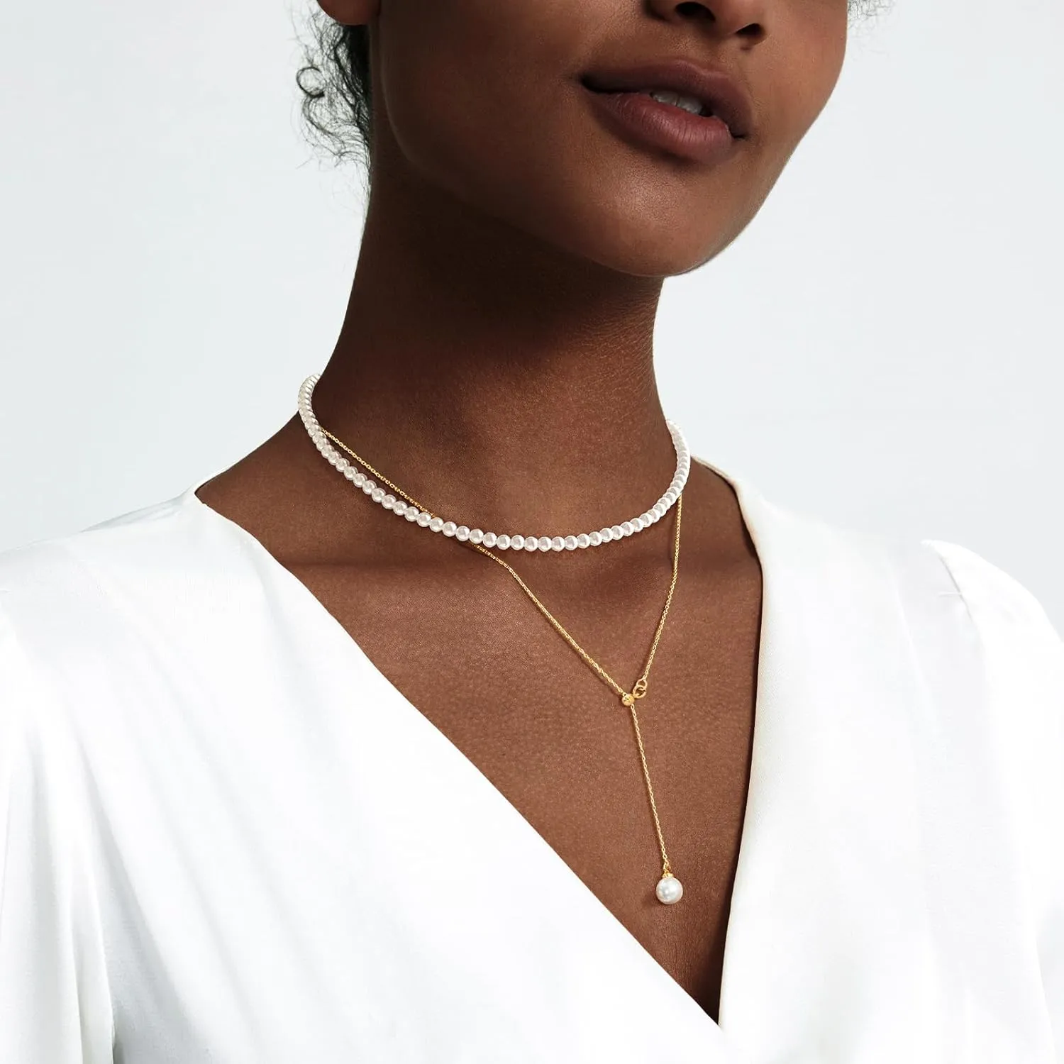 Zeffy Lariat Gold Necklace for Women Dainty Long Pearl Necklace 14k Gold/Silver Plated Layered Pearl/Beaded/CZ Y-Shaped Drop Wedding Stack Necklace Trendy Simple Gold Jewelry Set Gifts